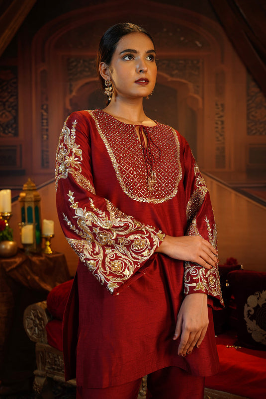 Deep Red Short Kurti Set