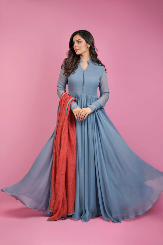 Grey Georgette Anarkali Set