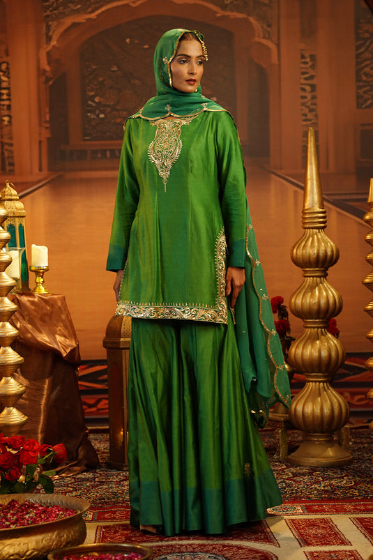 Dual Tone Green Chanderi Silk Gharara Set