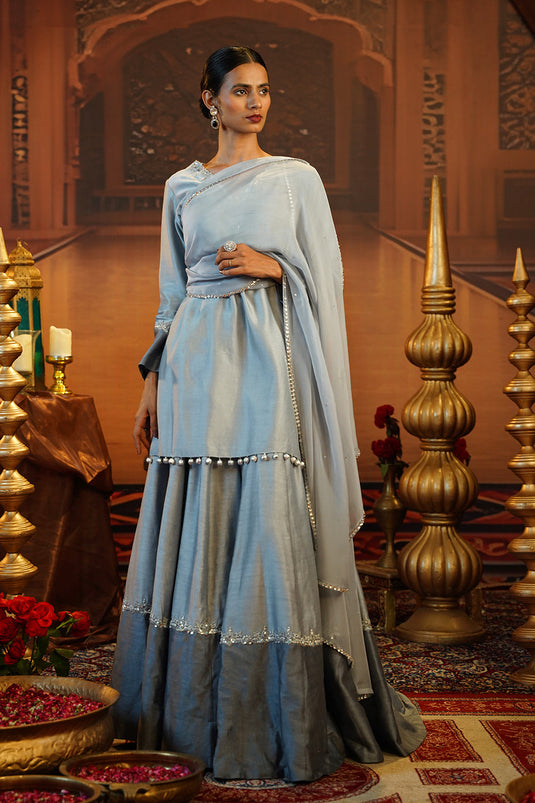 Dual Tone Of Gey Chanderi Silk Sharara Set