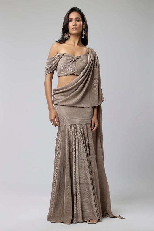 Dull Nude Asymetric One Shoulder Saree Gown