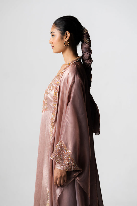 Dusty Mauve Crinkled Satin & Organza Gown Set