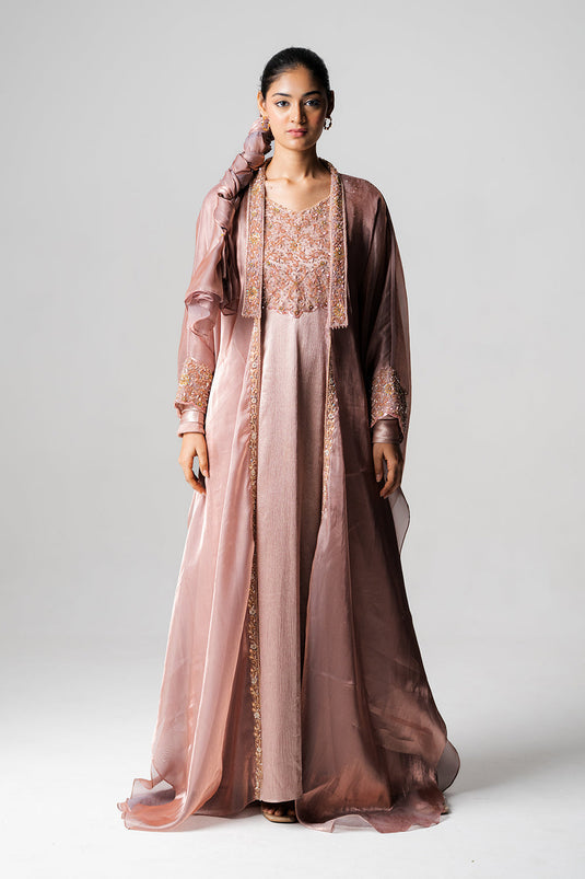 Dusty Mauve Crinkled Satin & Organza Gown Set