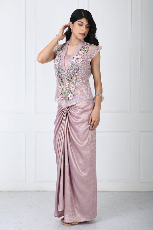 Dusty Mauve Embroidered Jacket With Drape Skirt