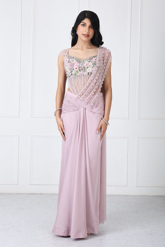 Dusty Pink Drape Saree With Embroidered Bodysuit