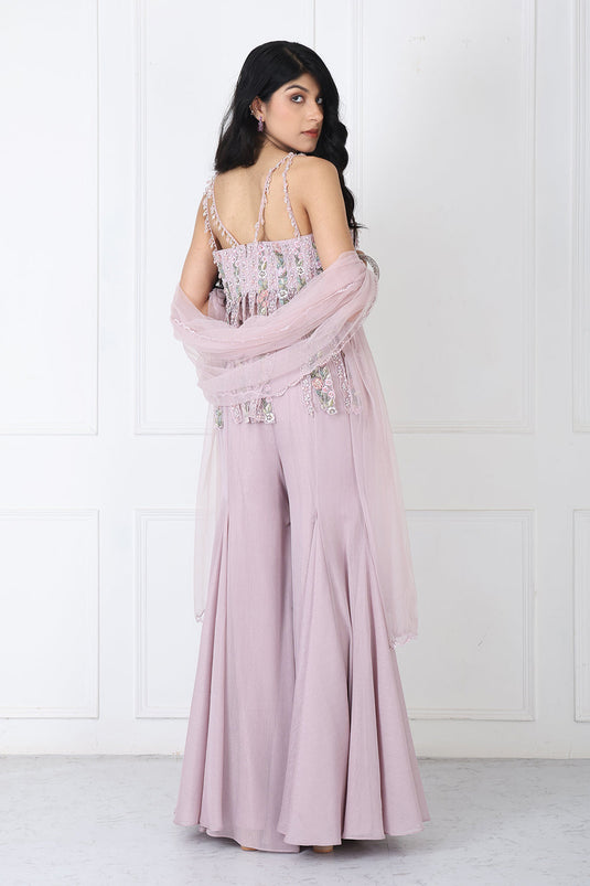 Dusty Pink Fringe Bodysuit With Sharara And Dupatta