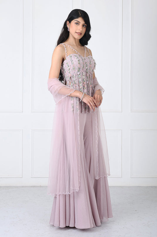 Dusty Pink Fringe Bodysuit With Sharara And Dupatta