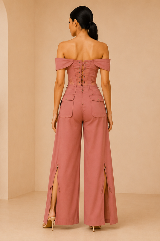 Dusty Rosewood Off-Shoulder Corset Top & Wide-Leg Pants Co-Ord Set