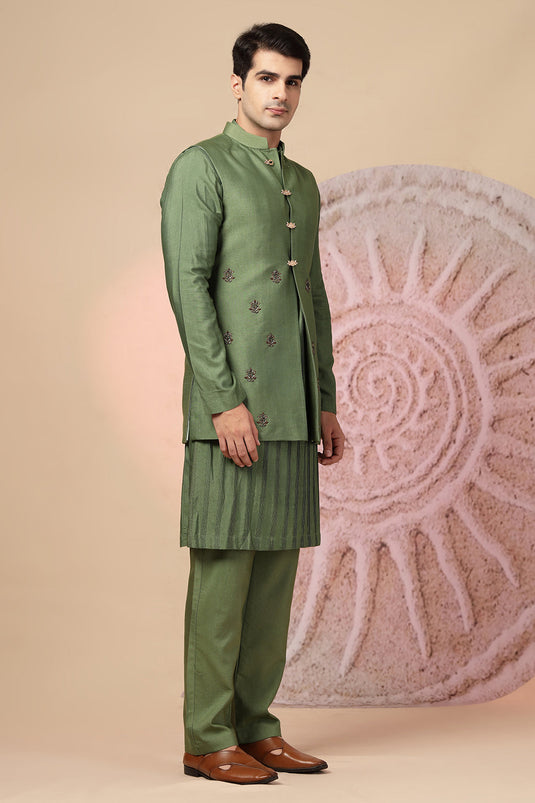 Elegant Green Silk Kurta Jacket Set