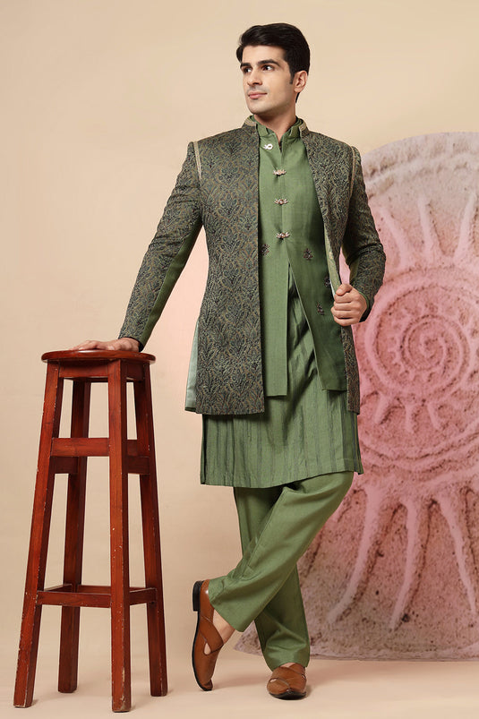 Elegant Green Silk Kurta Jacket Set