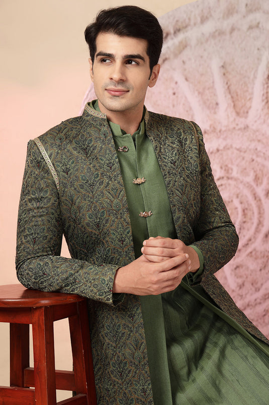 Elegant Green Silk Kurta Jacket Set