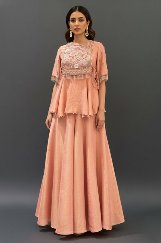 Embellished Tissue Peplum Top with Kalidar Plazzo