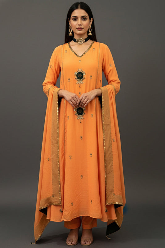 Embroidered Crepe Kurta with Straight Pants with Organza Dupatta