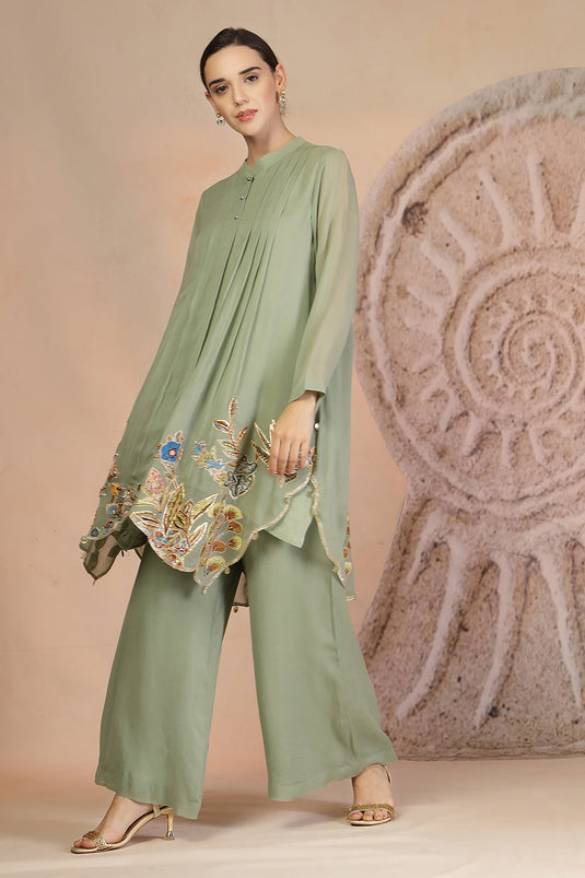 Embroidered Pista Green Indo-Western Set with Palazzo Pants