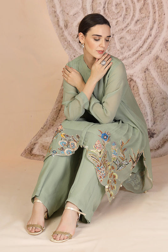 Embroidered Pista Green Indo-Western Set with Palazzo Pants