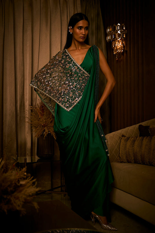 Emerald Green Draped Saree Paired with Embroidered Tulle Cape