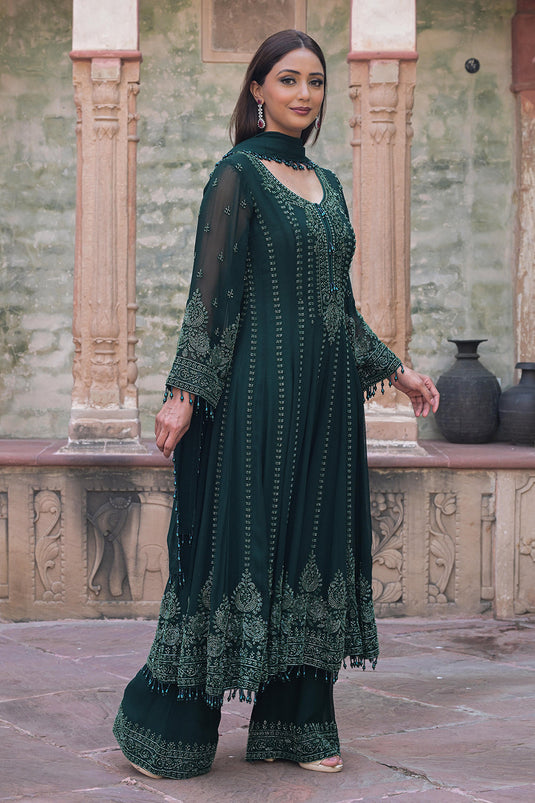 Emerald Green Georgette Beads Work Anarkali Suit Set