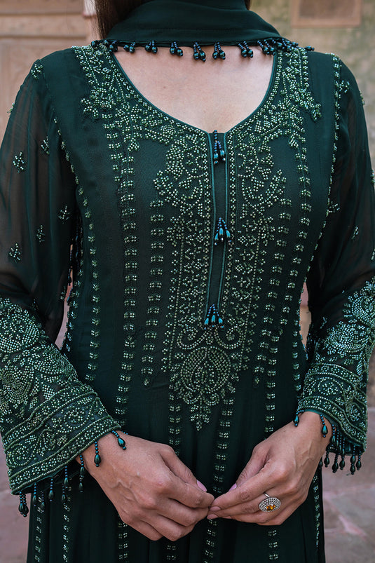 Emerald Green Georgette Beads Work Anarkali Suit Set