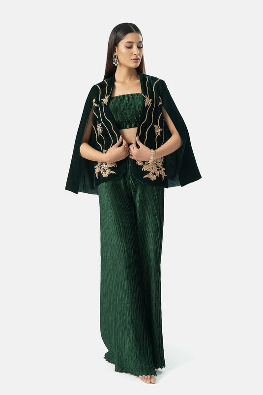 Emerald Velvet Embroidered Cape Jacket
