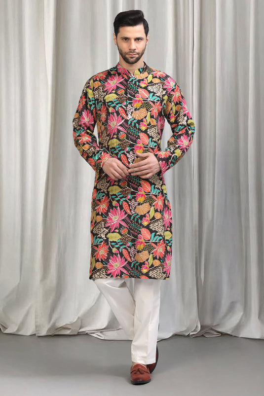 Floral Printed Embroidered Kurta Set With Back Elastic Pants