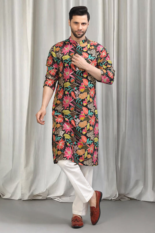 Floral Printed Embroidered Kurta Set With Back Elastic Pants