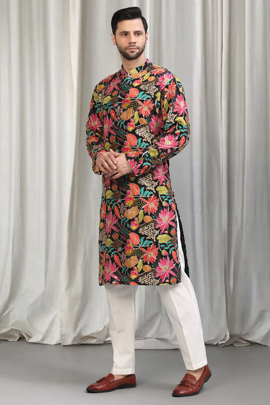 Floral Printed Embroidered Kurta Set With Back Elastic Pants