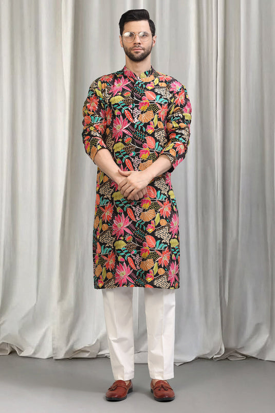 Floral Printed Embroidered Kurta Set With Back Elastic Pants