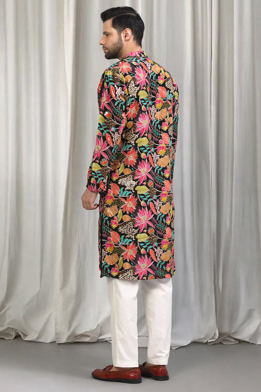 Floral Printed Embroidered Kurta Set With Back Elastic Pants