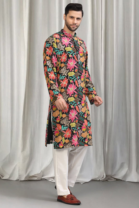 Floral Printed Embroidered Kurta Set With Back Elastic Pants