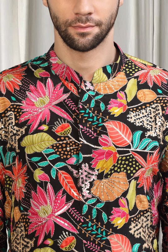 Floral Printed Embroidered Kurta Set With Back Elastic Pants