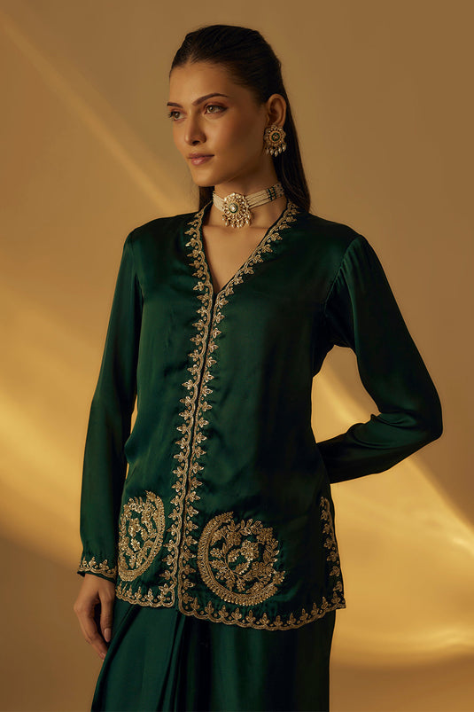 Forest Green Satin Jacket with Saree Drape Skirt
