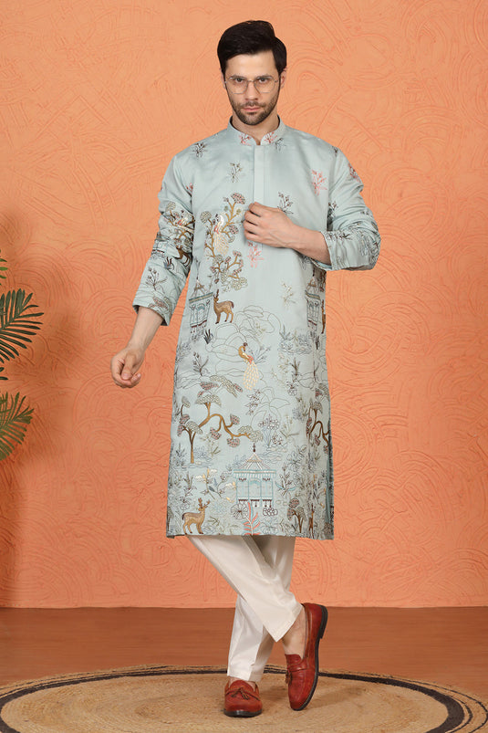 Forest Landscape All Over Embroidered Kurta with Back Elastic Pants