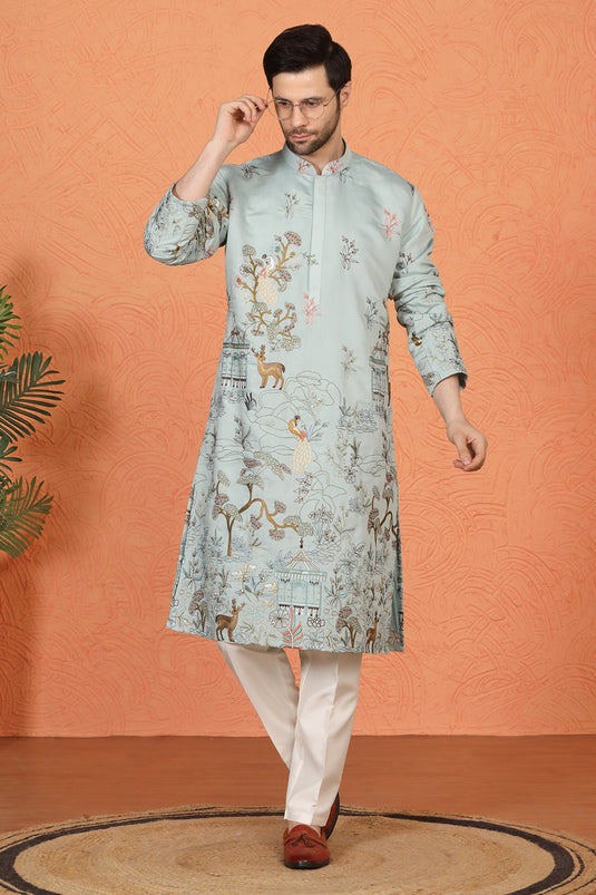 Forest Landscape All Over Embroidered Kurta with Back Elastic Pants