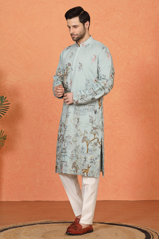 Forest Landscape All Over Embroidered Kurta with Back Elastic Pants