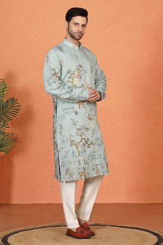 Forest Landscape All Over Embroidered Kurta with Back Elastic Pants