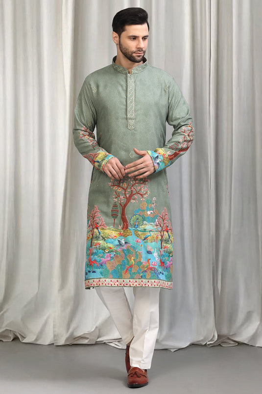 Forest Printed Embroidered Kurta Set With Back Elastic Pants