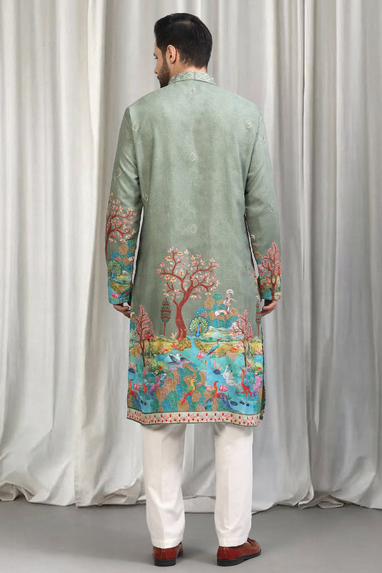 Forest Printed Embroidered Kurta Set With Back Elastic Pants