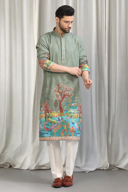 Forest Printed Embroidered Kurta Set With Back Elastic Pants