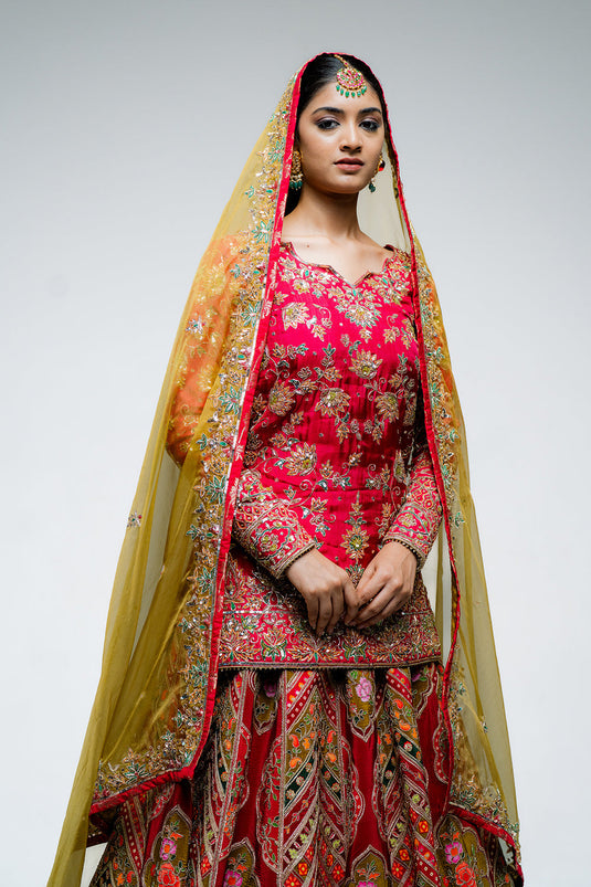 Fuchsia Printed Lehenga Set with Yellow Dupatta