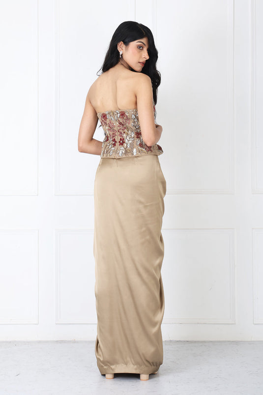 Golden Brown Drape Skirt With Embroidered Corset