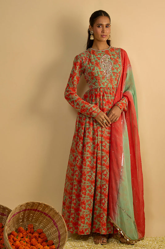 Green and Orange Floral Printed Hand Embroidered Anarkali with hand embellished shaded organza dupatta