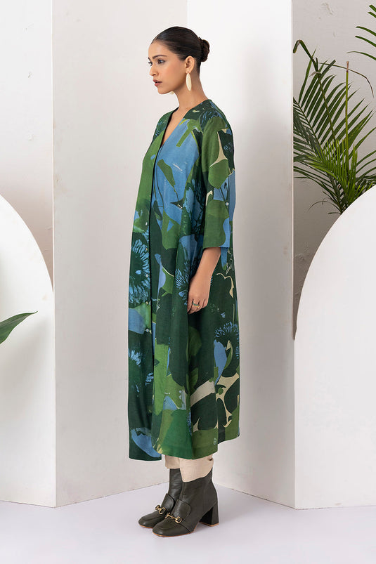 Green & Blue Viscose Dupion Printed Dress