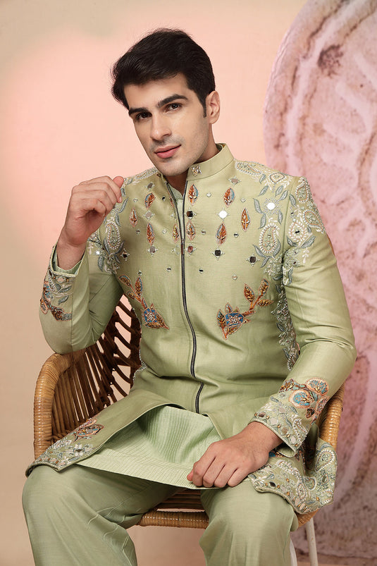 Green Embroidered Kurta with Jacket and Palazzo Pant