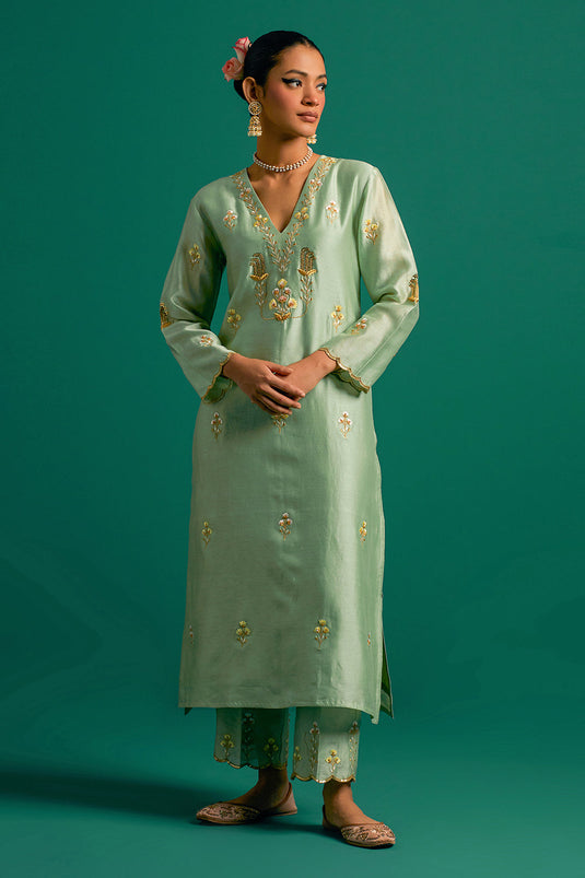Green V neck hand embroidered silk chanderi kurta set
