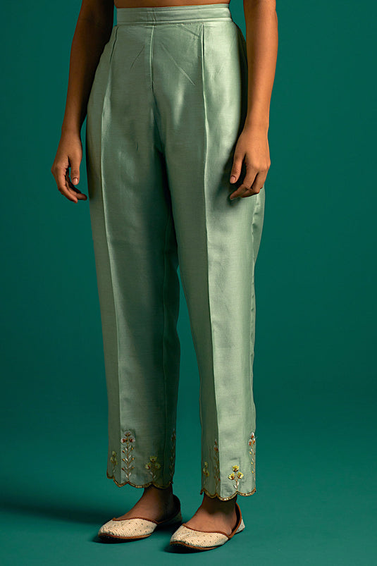 Green V neck hand embroidered silk chanderi kurta set