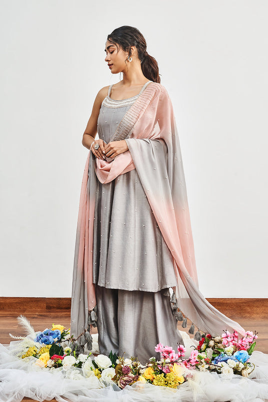 Grey Kalidaar with Grey X Pink Shaded Dupatta