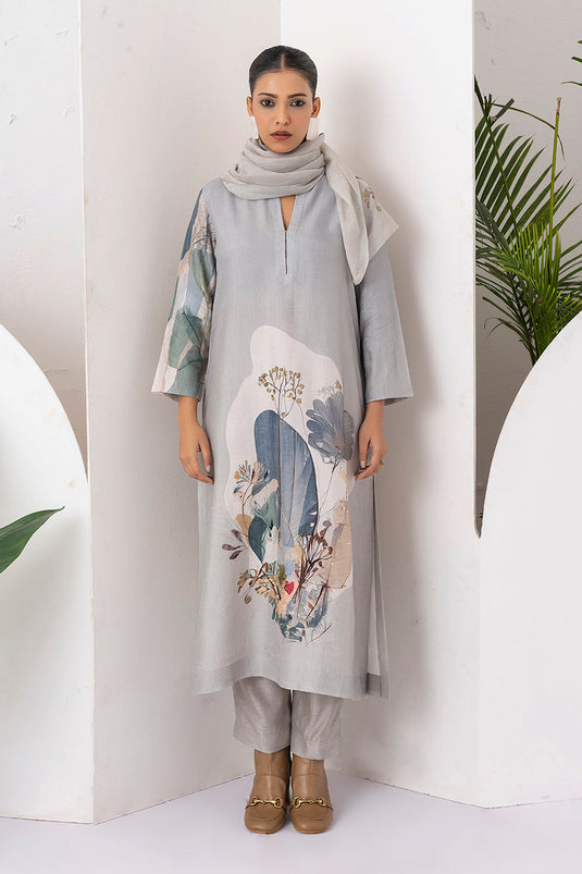 Grey Viscose Dupion Printed Tunic