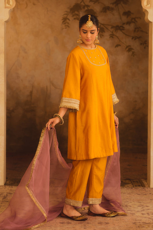 Gulbano Mustard Zero-Neck A-Line Kurta Set