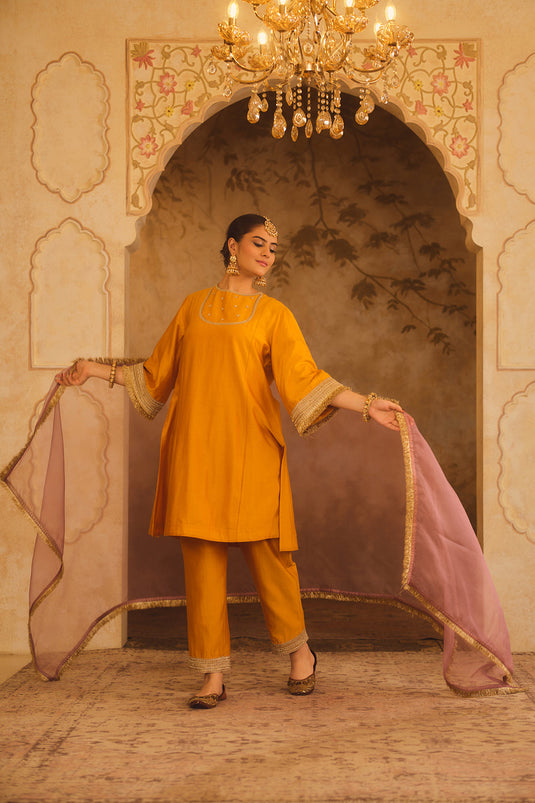 Gulbano Mustard Zero-Neck A-Line Kurta Set
