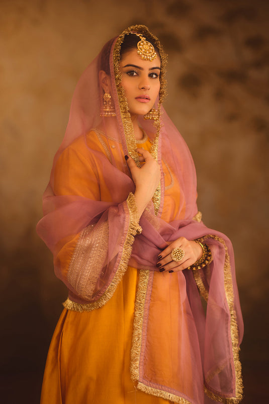 Gulbano Mustard Zero-Neck A-Line Kurta Set